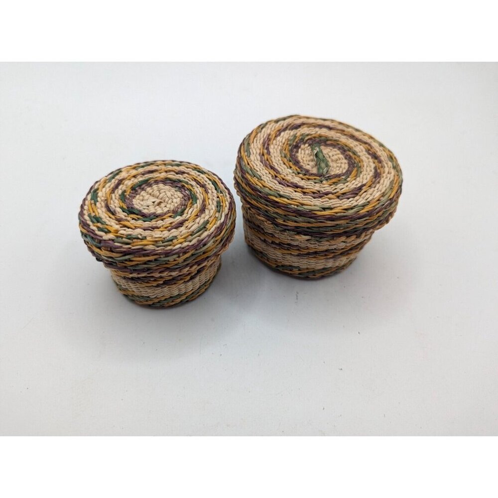 Hand Woven Basket w Lid - Wicker Ethnic Grass Straw Boho Tiny - Green Yellow - Picture 5 of 12